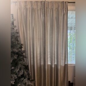 DKNY Drapes Curtains 4 panels 32x84” Pleated, accent buttons Beige/Champagne.